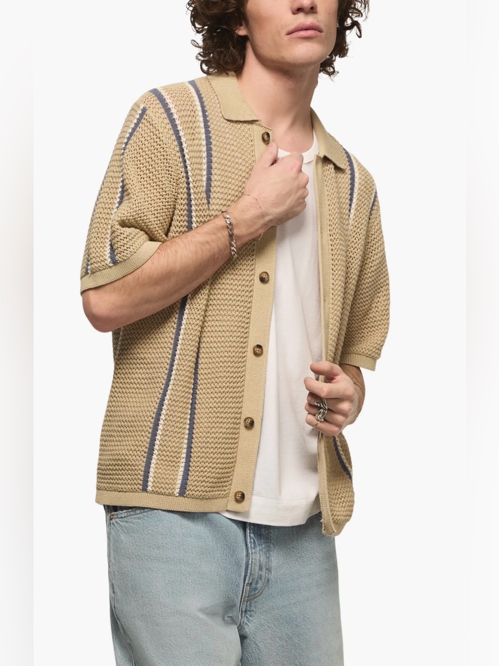 Lucky Brand Brown Knit Short-Sleeve Crewneck Sweater with Blue Stripe Detail